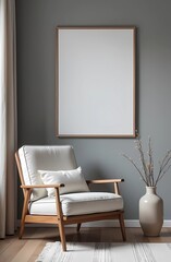 Scandinavian style interior modern living room with a large frame on a gray wall and an upholstered armchair