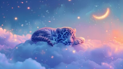 A sleepy cute little tiger is sleeping peacefully on a cloud under a starry night sky with a crescent moon and stars