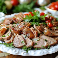 A delicious plate of sliced roasted meat garnished with fresh parsley and cherry tomatoes. The tender meat is well-seasoned and beautifully presented, perfect for gourmet food lovers.