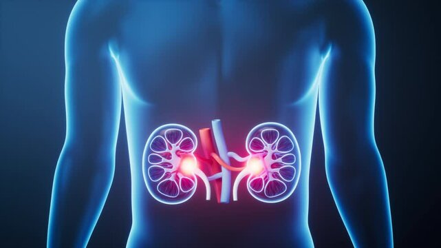 Organ kidney in the transparent human body, 3d rendering.
