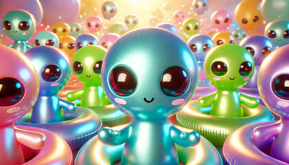 Fototapeta premium Adorable inflatable aliens at beach party 3D