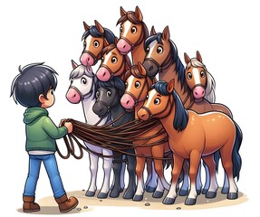 Phrase "Hold your horses", a person holding the reins of several horses.