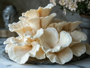 closeup of pristine white oyster mushrooms showcasing their delicate texture and unique shape against a soft backdrop emphasizing the beauty of natures fungi