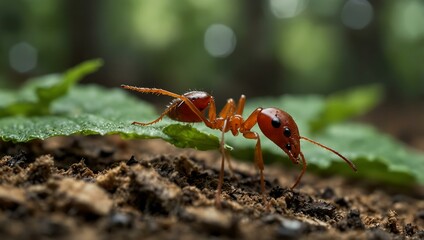 Red ant carrying a leaf in a forest.