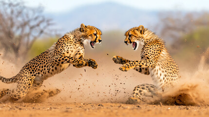 Two cheetahs battling in the wild, showcasing power and agility.