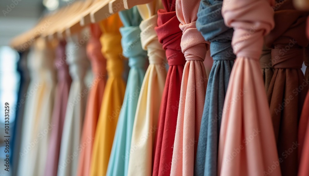 Poster intricately tied curtain knots hang gracefully in a textile shop, displaying a vibrant array of colo