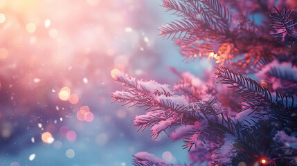 Fototapeta premium Snow-covered pine tree against a breathtaking night starry sky, colored in pink, purple and blue shades.Winter postcard with soft, fluffy falling snowflakes