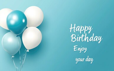 Vector illustration of white and blue balloons with "Happy Birthday" text, birthday card template, light turquoise background
