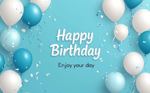 Vector illustration of white and blue balloons with "Happy Birthday" text, birthday card template, light turquoise background