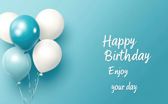 Vector illustration of white and blue balloons with "Happy Birthday" text, birthday card template, light turquoise background