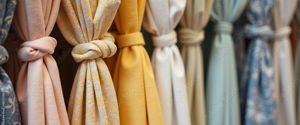 Poster intricately tied curtain knots hang gracefully in a textile shop, displaying a vibrant array of colo