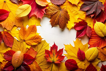 Fototapeta premium Vibrant autumn leaves in shades of red, orange, yellow, and brown create stunning seasonal display. colorful foliage forms beautiful backdrop, evoking essence of fall