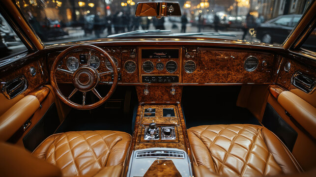 "Luxurious vintage car interior with leather seats and wooden dashboard, capturing retro automotive elegance. Classic vehicle dashboard design, luxury driving experience, detailed craftsmanship."