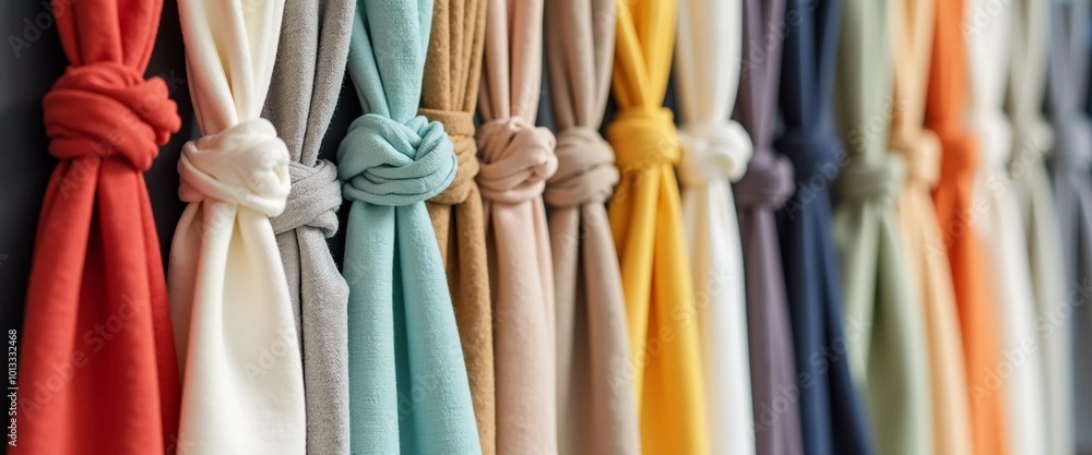 Poster intricately tied curtain knots hang gracefully in a textile shop, displaying a vibrant array of colo