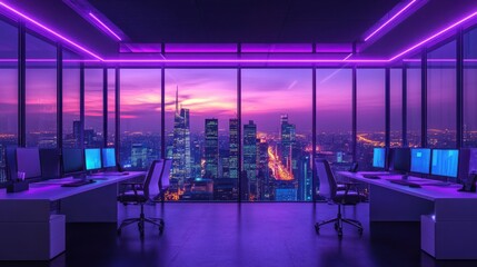 Futuristic office with purple neon lights and large city skyline view, modern empty workspace, glass walls, high-rise, urban nightscape, technology-driven work environment, corporate interior design