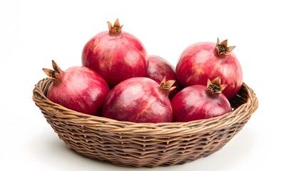 Realistic close-up of whole pomegranates in a wicker basket on a white background, highlighting their rich red skin and slightly textured surface