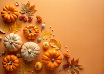Fototapeta premium Autumn pumpkins and leaves create warm, festive atmosphere perfect for Thanksgiving celebrations. vibrant oranges and earthy tones evoke sense of seasonal joy and abundance