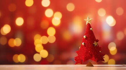 Festive christmas tree adorned with red ornaments and golden stars against a bokeh light background