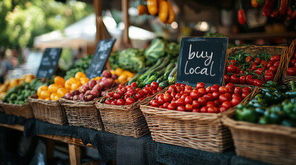 "Fresh vegetables and 'buy local' sign at a bustling farmers market stall. Organic peppers, tomatoes, and cucumbers displayed in wicker baskets. Promoting local agriculture and healthy eating habits."