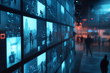 A wall of computer monitors displaying a variety of images