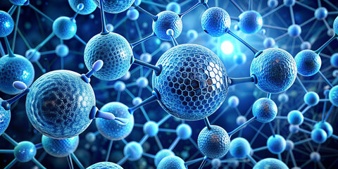 Molecular structures in blue tones create captivating visual of interconnected cells, showcasing complexity of biological systems. intricate design evokes sense of wonder and curiosity about