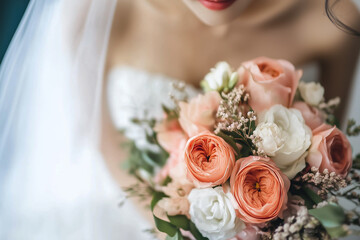 Naklejka premium A woman is holding a bouquet of flowers, which includes pink and white roses