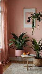 Pink minimalist room decorated with plants and fruit.