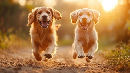 "Two happy golden retriever puppies running on a dirt path during golden hour, enjoying nature, energy, joy, playful dogs, and outdoor adventure in the sunlight."