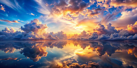 Breathtaking luminous cloudscape at sunset, reflecting vibrant colors on calm water. stunning interplay of light and clouds creates serene and awe inspiring atmosphere