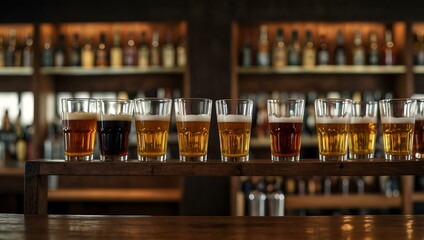 Pint glasses arranged on a bar shelf.