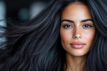 Naklejka premium A striking close-up of a woman with lush, voluminous dark hair steals the spotlight, highlighting her captivating gaze and confident aura in a modern setting.