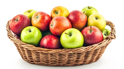 Realistic display of whole apples (red, green, and yellow) in a wicker basket on a white background, emphasizing their smooth skins and varied colors