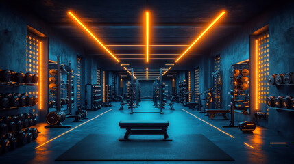 "Modern gym interior with futuristic design, dim blue lighting, weight racks, and training equipment, creating a high-tech fitness atmosphere, space for exercise, health, and wellness."