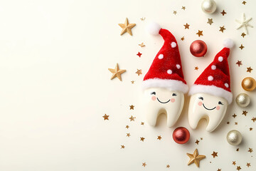 Christmas concept, cute smiling tooth characters in christmas hats with christmas balls decoration and stars on a SOFT background. Top view of two teeth wearing christmas costumes for a dental clinic