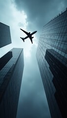 A dramatic view of an airplane flying above skyscrapers under a cloudy sky, symbolizing travel, business, and urban life.