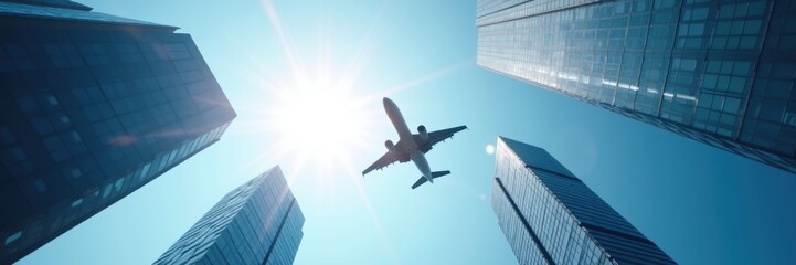 A low-angle view of an airplane flying above towering skyscrapers, capturing the essence of urban travel and modern architecture under a bright blue sky.