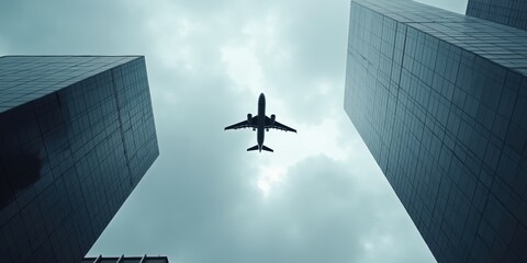 A dramatic view of an airplane flying between towering skyscrapers under a cloudy sky, symbolizing urban travel and modern connectivity.