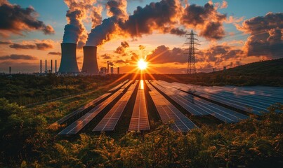 Modern power plant generating electricity with sustainable green strategies to reduce CO2 emissions. Clean energy initiatives and renewable resources for a greener, Generative AI