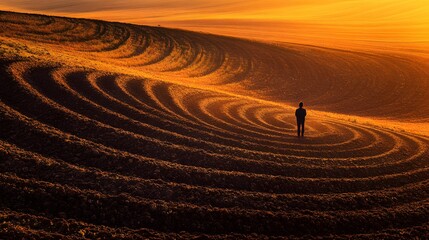 Naklejka premium Lone figure in a golden field at sunset
