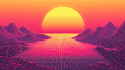 Retro Futuristic Sunset with Neon Grid and Mountain Silhouettes