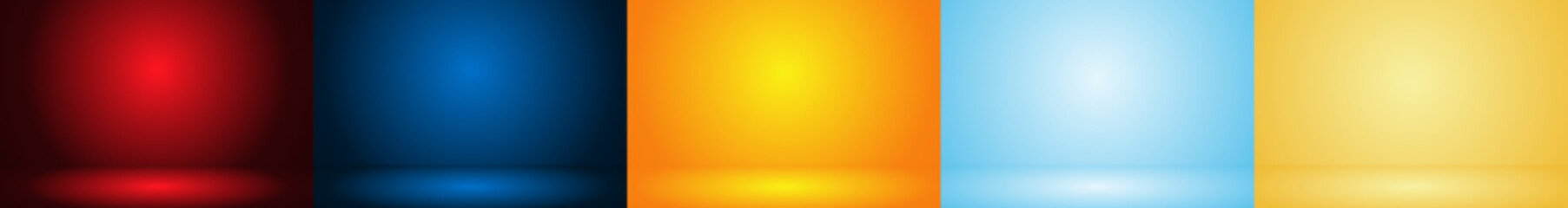 Set of 3d studio room gradient background. Red, blue, orange, yellow abstract product display backdrop, light shining on the floor, glow shadow, vector illustration 