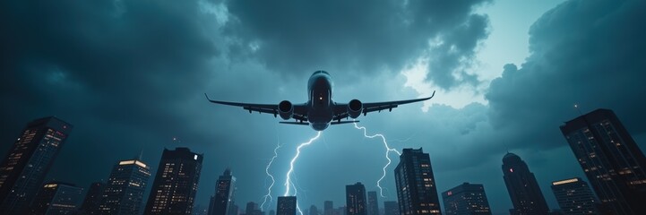 A dramatic scene of an airplane flying through a stormy sky, illuminated by lightning, showcasing the power of nature juxtaposed with modern aviation.