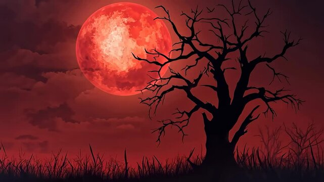 Spooky halloween background with sinlge tree silhouette at night full red moon. Red dramatic lighting. 