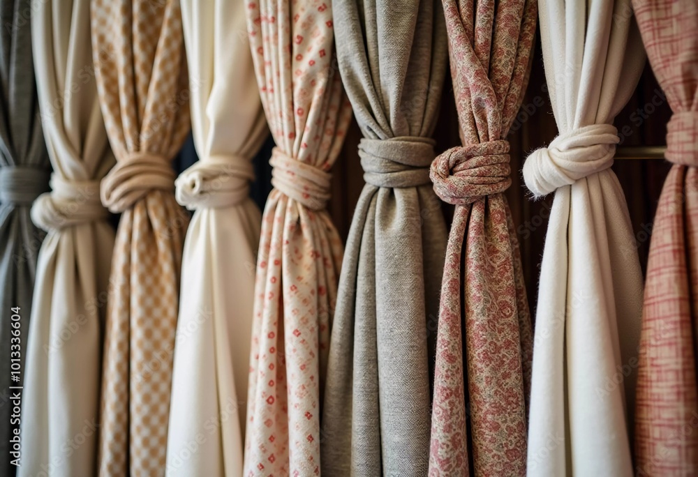 Poster intricately tied curtain knots hang gracefully in a textile shop, displaying a vibrant array of colo