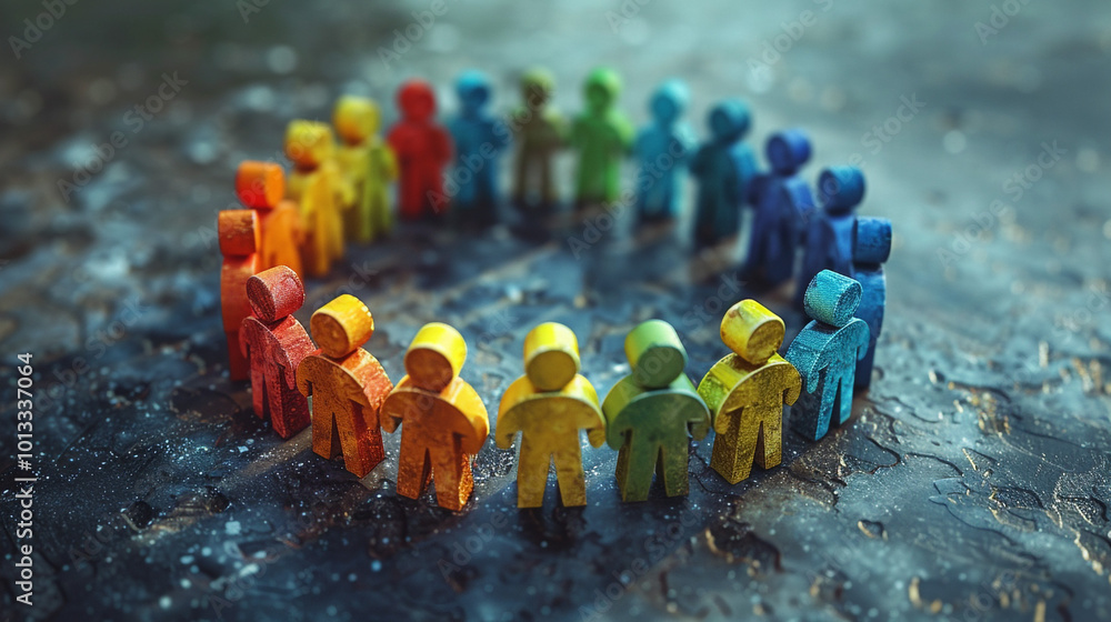 Poster a circle of diverse, multicolored figures symbolizing unity and collaboration, standing together to 