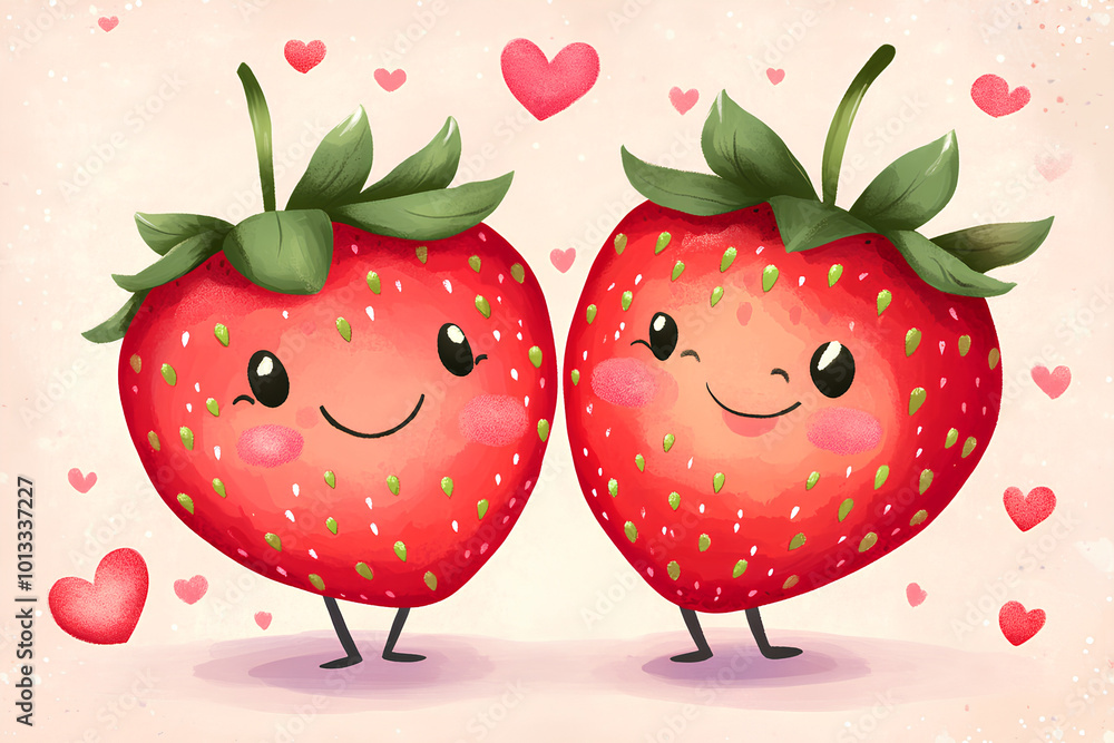 Poster Cute cartoon strawberry love couple characters, illustration