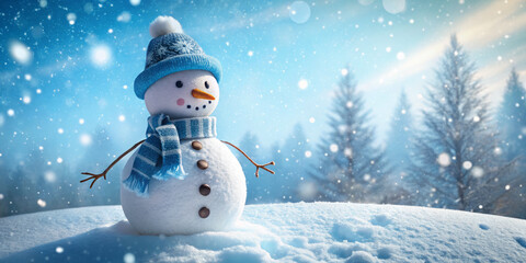 Obraz premium cheerful snowman stands in snowy landscape, wearing blue hat and scarf, surrounded by falling snowflakes and evergreen trees. scene evokes sense of winter joy and magic
