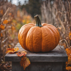 Pumpkin on a wooden platform in an autumn field