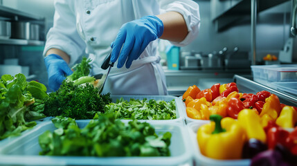 A focused chef in a white coat works with assorted vegetables on a clean countertop, perfect for culinary workshops, healthy eating campaigns, food delivery services, and cooking class advertisements.