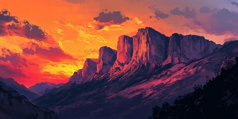 Obraz premium A digital painting of a mountainous landscape with a fiery sunset sky.